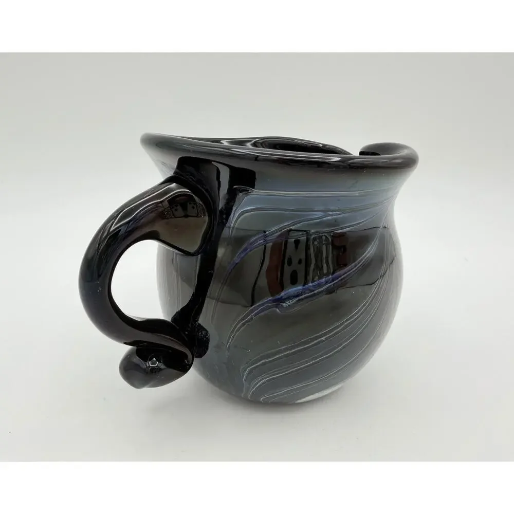 Hand Blown Black Glass Creamer Pitcher 3” Pulled Feather Design Signed Dated ‘72